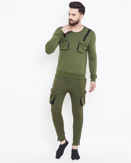 Shop Olive Chest Pocket Taped Men's Sweatshirt-Front