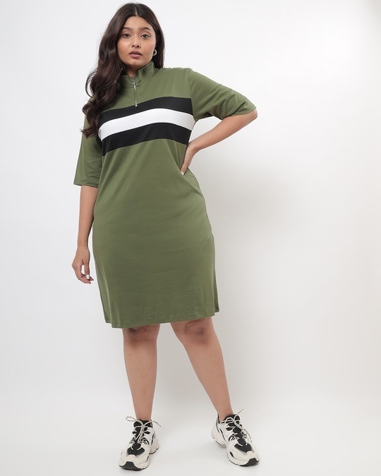 Shop Women's Olive Colo Block  Plus Size High Neck Dress-Front