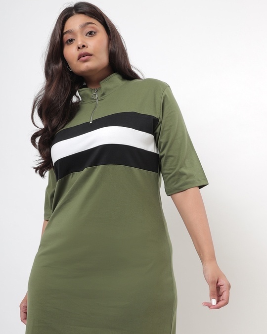 Shop Women's Olive Colo Block  Plus Size High Neck Dress-Full