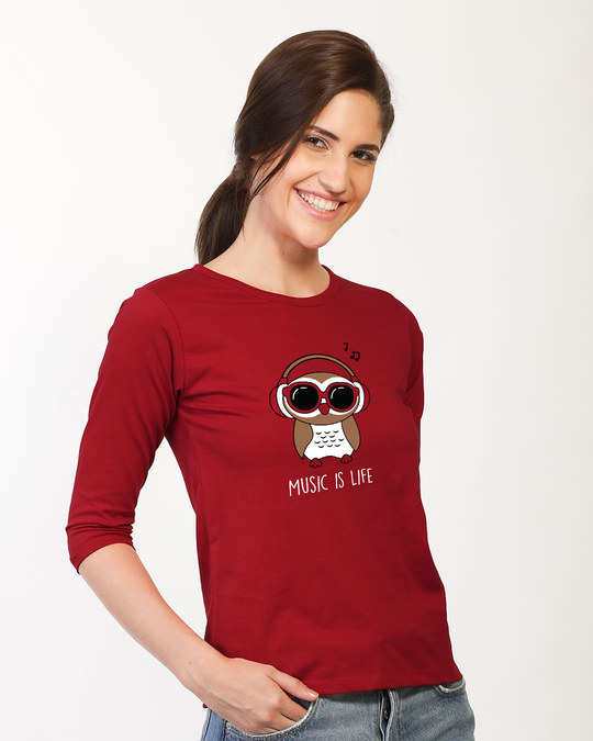 Shop Owl Headphones Round Neck 3/4th Sleeve T-Shirt-Back