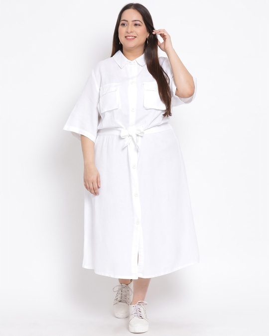 Shop Women's Plus Size White Solid Collared Dress-Front