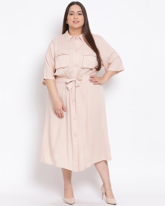 Shop Women's Plus Size Beige Solid Collared Dress-Front
