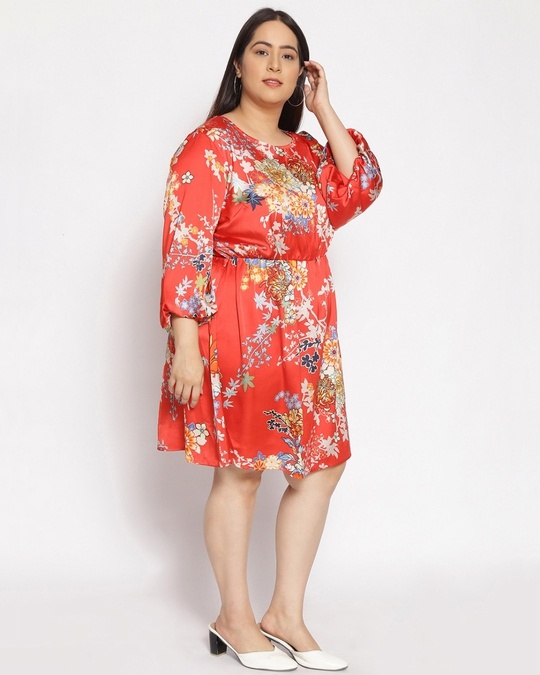 Shop Women's Plus Size Red Floral Print Round Neck Dress-Design