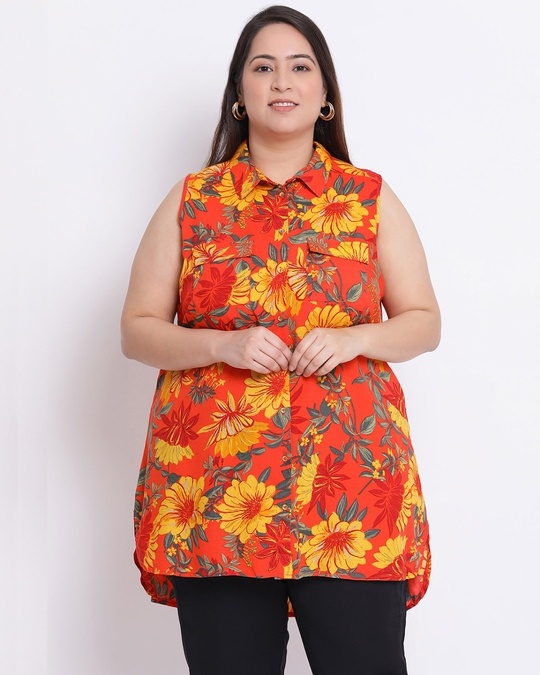 Shop Plus Size  Women Orange Floral Print Polo Shirt-Front