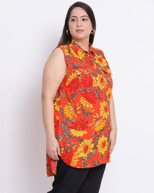 Shop Plus Size  Women Orange Floral Print Polo Shirt-Design