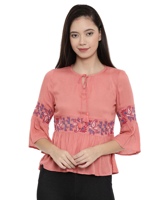 Shop Women's Pink Floral Print 3/4 Sleeve Top-Front