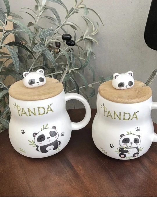Shop Panda Printed Combo Ceramic Mug,  With Wooden Lid And Spoon(350 ml, White, Single Piece)