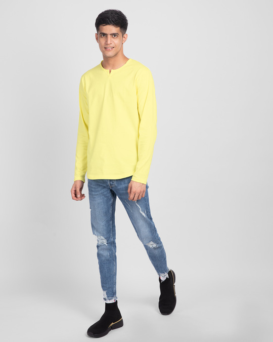 Shop Pastel Yellow Slit Neck Full Sleeve Henley T-Shirt-Full