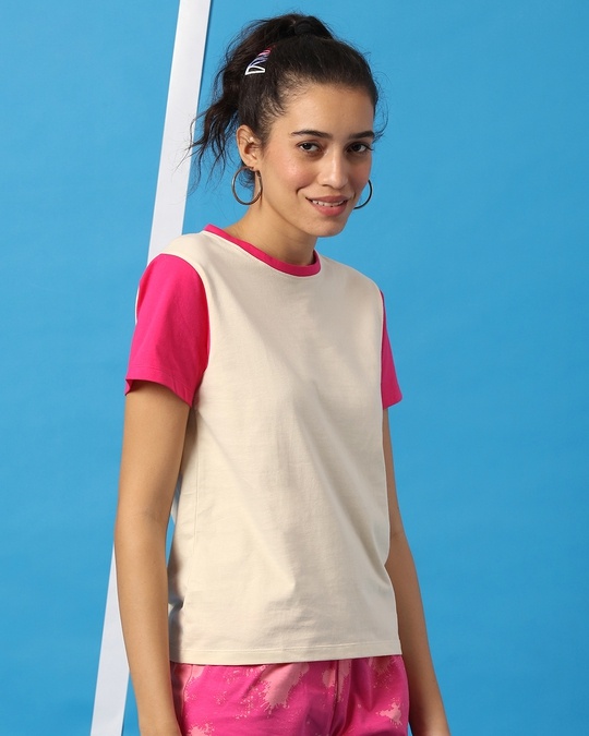 Shop Peppy Pink Contrast Sleeve T-Shirt-Back