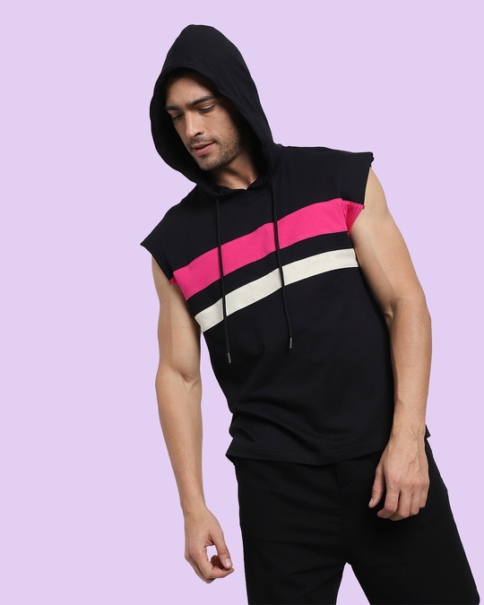 Shop Peppy Pink Sleeveless Color Block Hoodie T-Shirt-Front