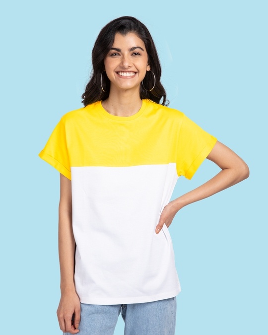 Shop Pineapple Yellow- White Color Block Boyfriend T-shirt-Front