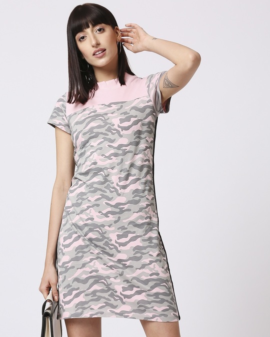 Shop Pink Camo - Coral Blush High Neck Pocket Dress-Front