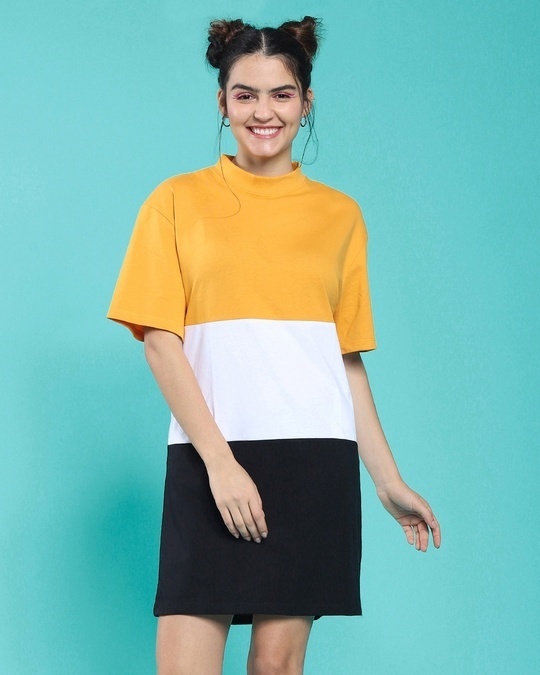 Shop Women's Popcorn Yellow Color Block Plus Size Dress-Front