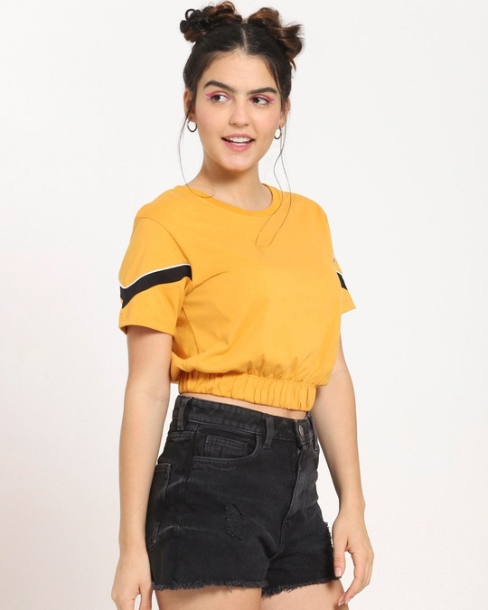 Shop Popcorn Yellow Sleeve Stripe Short Top For Women's-Design