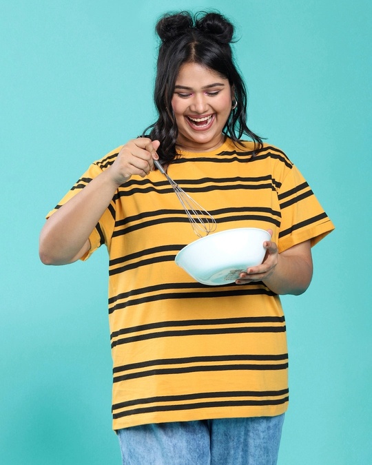 Shop Popcorn Yellow Stripe Boyfriend T-shirt For Women's-Front