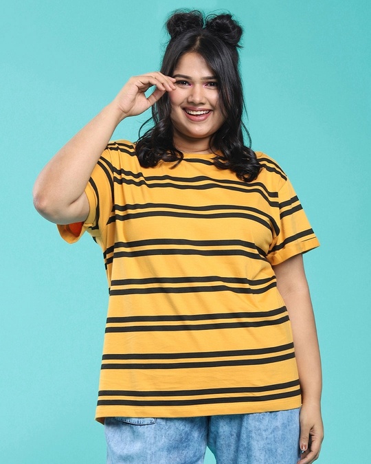 Shop Popcorn Yellow Stripe Boyfriend T-shirt For Women's-Back