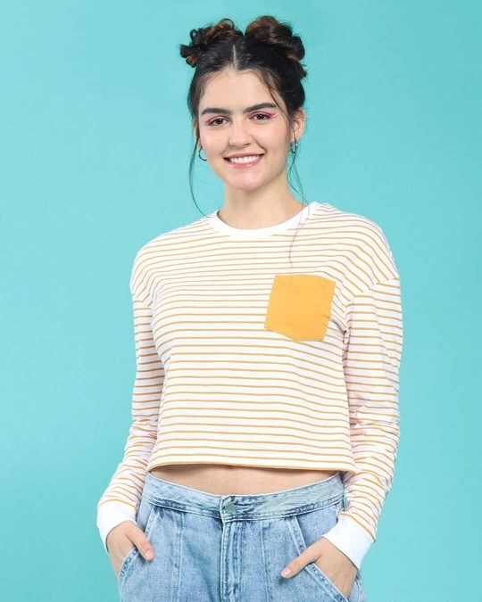Shop Popcorn Yellow Stripe Full Sleeve Short Top For Women's-Back