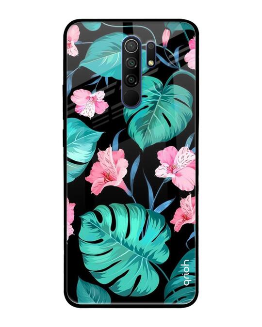 Shop Tropical Leaves & Pink Flowers Glass Case For Poco M2-Front