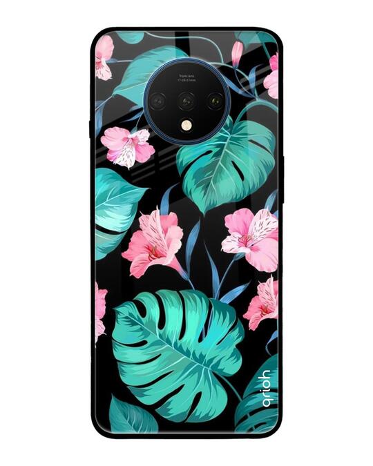 Shop Tropical Leaves & Pink Flowers Glass Case For Oneplus 7t