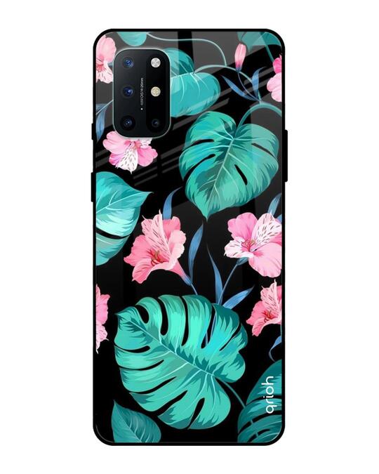 Shop Tropical Leaves & Pink Flowers Glass Case For Oneplus 8t-Front