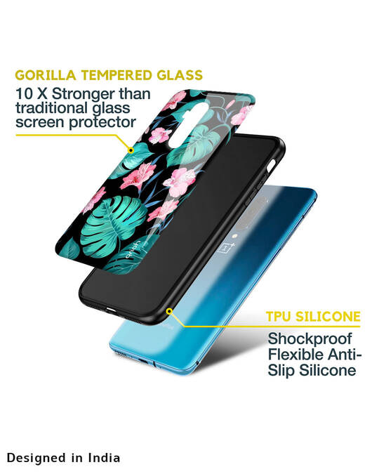 Shop Tropical Leaves & Pink Flowers Glass Case For Oneplus 8t-Full
