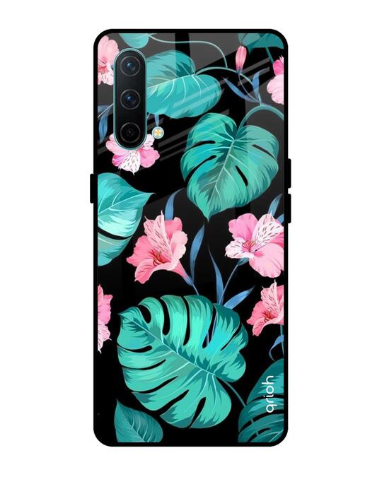 Shop Tropical Leaves & Pink Flowers Glass Case For Oneplus Nord Ce-Front