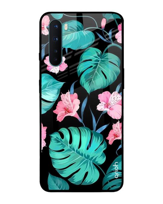 Shop Tropical Leaves & Pink Flowers Glass Case For Oneplus Nord-Front