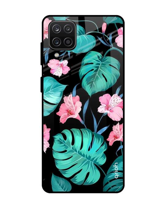 Shop Tropical Leaves & Pink Flowers Glass Case For Samsung Galaxy A12