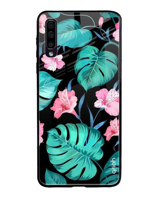 Shop Tropical Leaves & Pink Flowers Glass Case For Samsung Galaxy A50