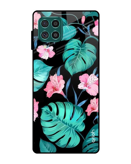 Shop Tropical Leaves & Pink Flowers Glass Case For Samsung Galaxy F62-Front