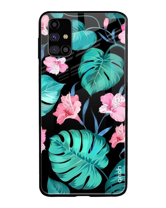 Shop Tropical Leaves & Pink Flowers Glass Case For Samsung Galaxy M31s-Front