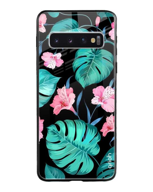 Shop Tropical Leaves & Pink Flowers Glass Case For Samsung Galaxy S10-Front