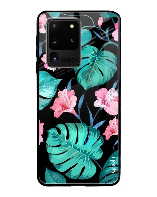 Shop Tropical Leaves & Pink Flowers Glass Case For Samsung Galaxy S20 Ultra-Front
