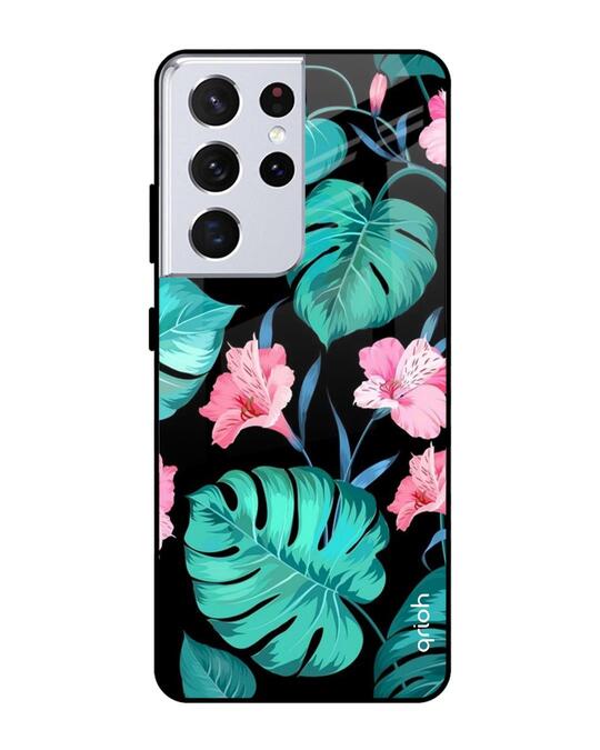 Shop Tropical Leaves & Pink Flowers Glass Case For Samsung Galaxy S21 Ultra-Front