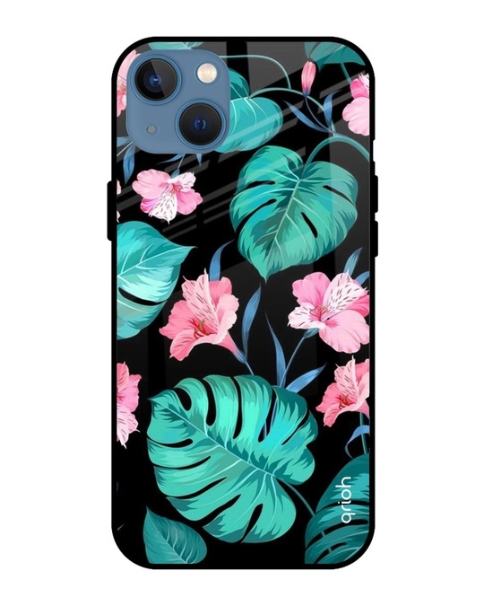 Shop Tropical Leaves & Pink Flowers Glass Case For Iphone 13 Mini-Front