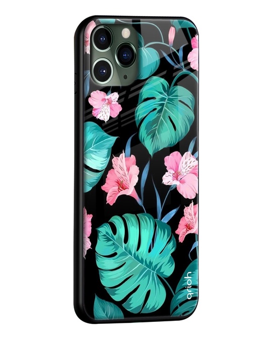 Shop Tropical Leaves & Pink Flowers Glass Case For Iphone 13 Pro-Back