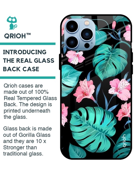 Shop Tropical Leaves & Pink Flowers Glass Case For Iphone 13 Pro-Design