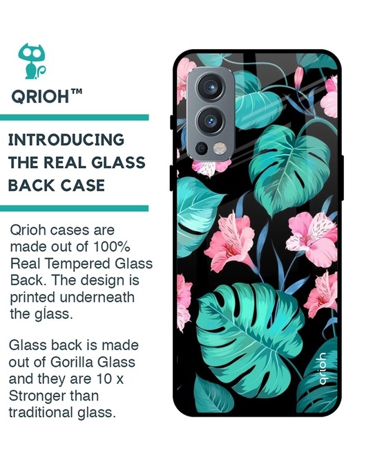 Shop Tropical Leaves & Pink Flowers Glass Case For Oneplus Nord 2-Back