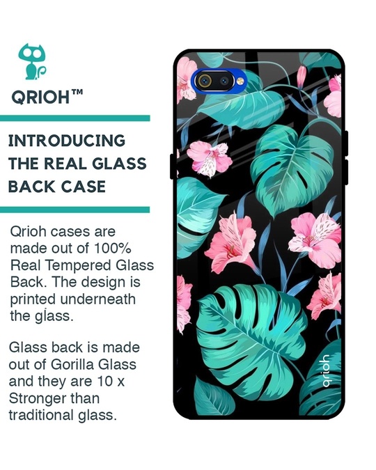 Shop Tropical Leaves & Pink Flowers Glass Case For Realme C2-Back