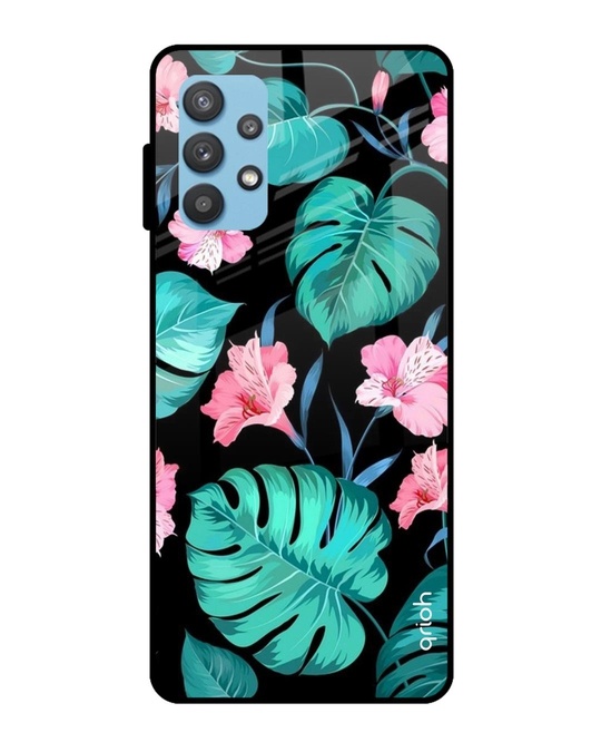 Shop Tropical Leaves & Pink Flowers Glass Case For Samsung Galaxy A52s-Front