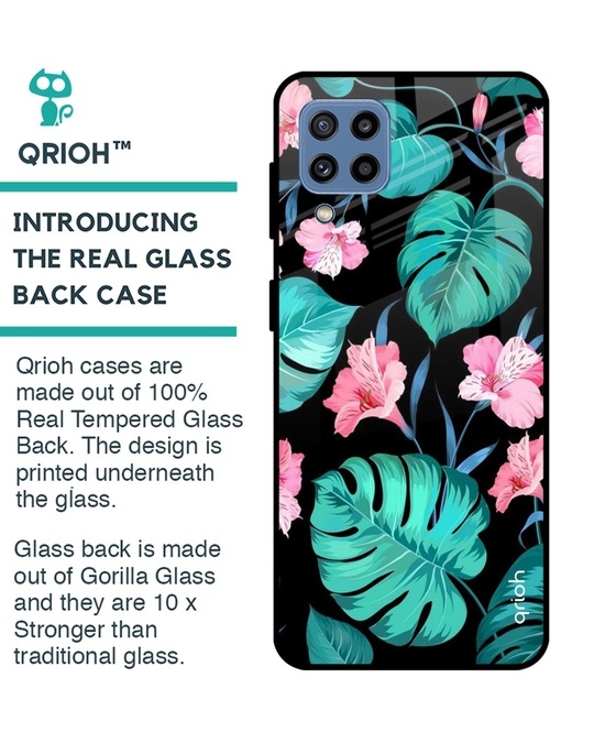 Shop Tropical Leaves & Pink Flowers Glass Case For Samsung Galaxy M32-Back