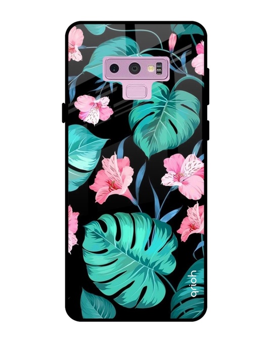 Shop Tropical Leaves & Pink Flowers Glass Case For Samsung Galaxy Note 9-Front