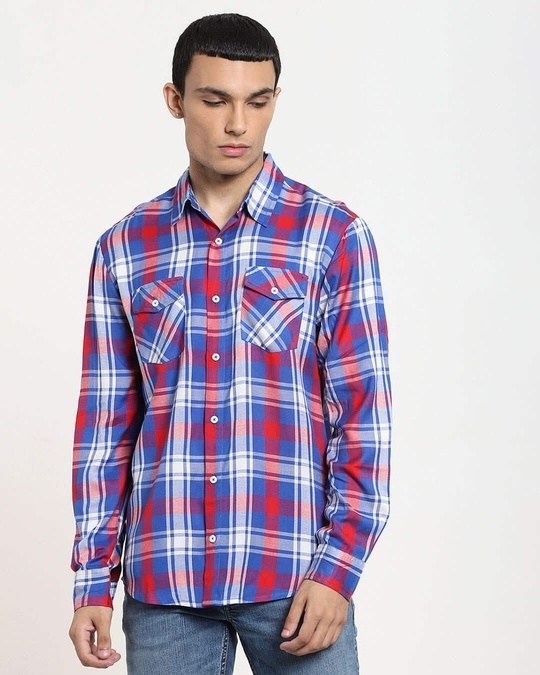 Buy Red Checks Two Pocket Casual Full Sleeve Shirt for Men Blue Online ...