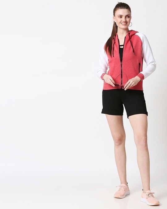 Shop Red Melange - White Contrast Sleeves Zipper Hoodie