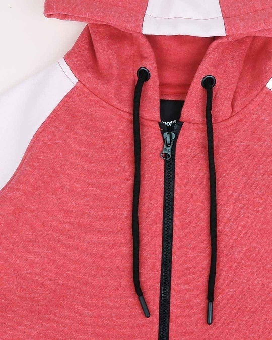 Shop Red Melange - White Contrast Sleeves Zipper Hoodie