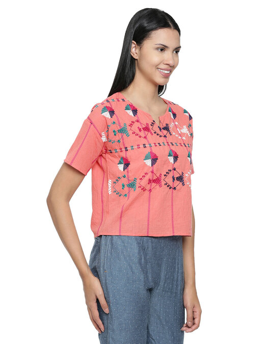 Shop Women's Satin Embroidered Pink Top-Design