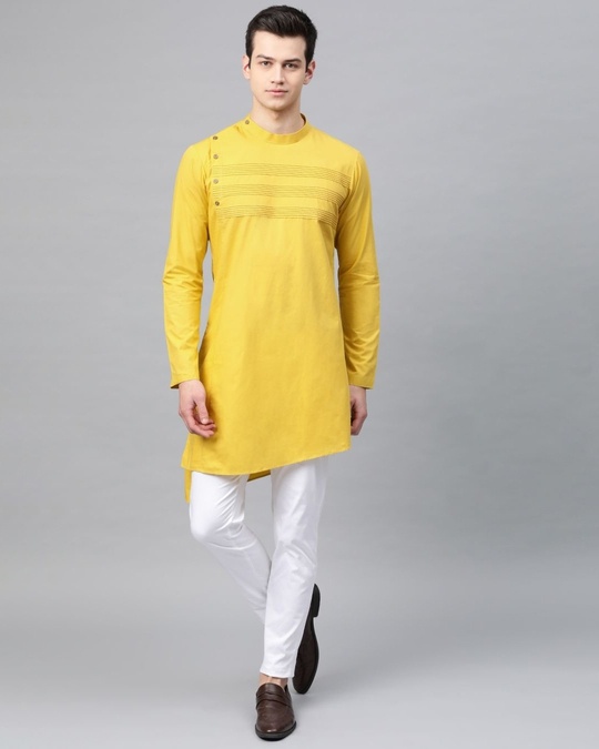 Shop Mustard Solid Straight Kurta With Yoke Thread Work With Kurta Pyjama-Front