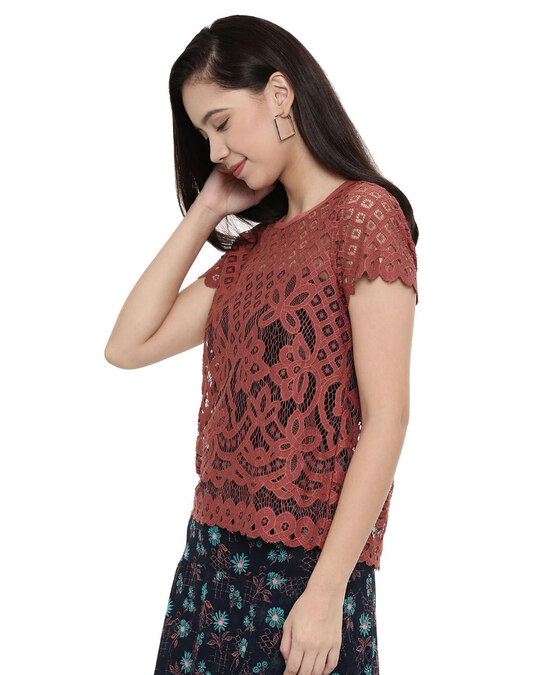 Shop Women's Sheer Floral Lace Brown Top-Back
