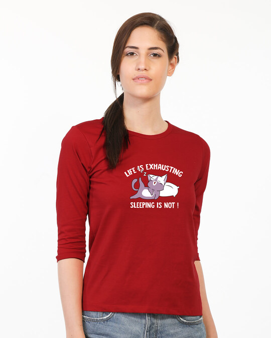 Shop Sleepy Cat Round Neck 3/4 Sleeve T-Shirt Bold Red-Back