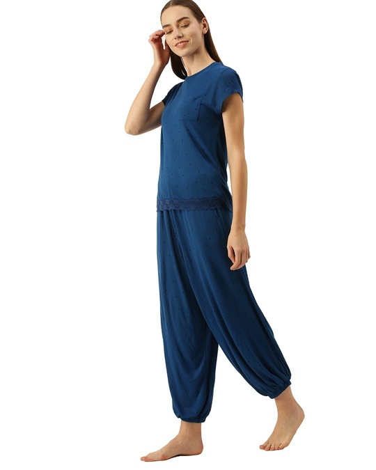 Shop Women's Blue Polka print lace Pyjama set